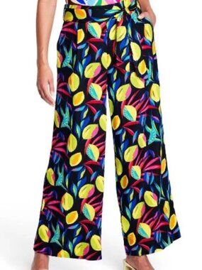 NEW! TABITHA BROWN TARGET WIDE LEG LINEN PANTS SELF-TIE BELT LEMON PRINT sz S
